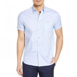 Ted Baker Wallabi Cotton Short Sleeve Slim Fit Oxford Shirt In Light Blue